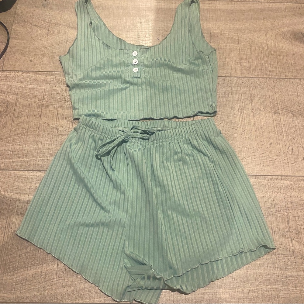 Mint Green Button Ribbed Tank Top With Knot Shorts Set